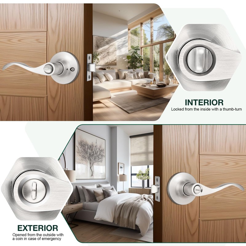 GOBEKOR 4 Pack Privacy Door Levers Brushed Nickel Privacy Door