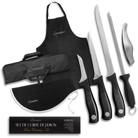 Iberico Ham Set with Ham Carving Knife, Boning Knife, Paring Knife, Knife Steel, Apron, Cover and Jamon Serrano Tongs - Slicing Knife for Meat Cutting - Chef Knife Set With Bag - Serrano Ham Knife
