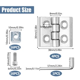 Pilikoll Pack of 4 Silver M4 Small Furniture Hinges 2020 Aluminium Profile Flexible Hinge M4 for Aluminium Profile 2020 Hinge M4 Folding Hinge with Slot 6 mm for Lightweight DIY Cabinet Doors