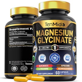 Tenmido Pure Magnesium Glycinate Supplements - 4in1 with L-Theanine, Ashwagandha, and Apigenin - 60 Vegan & Non-GMO Capsules