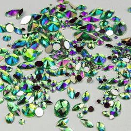 15g Bag of Mixed 3mm-18mm Flat Back Iridescent Rhinestone Gems in a Variety of Shapes and Sizes (A6. Green)