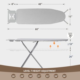 STO STO Ironing Board Full Size 48" x 15" with Iron Holder, 7 Height Options 26" to 36", Space Saving Foldable Iron Board with Removable Covers and Reinforced Steel Legs, Gray Checkered