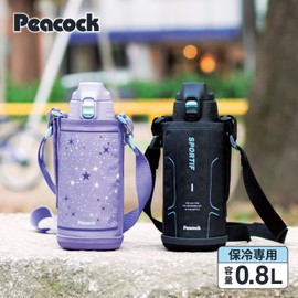 The-peacock AJC-F82 B Peacock Water Bottle, 28.7 fl oz (800 ml), Cold Insulated, Vacuum Insulated, One-Touch, Direct Drinking Pouch, Stainless Steel Bottle, Black