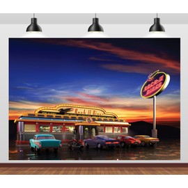 BELECO 7x5ft Fabric Retro American Diner Backdrop Rock it Diner Vintage 50s Diner Classic Cars Motorcycle Motel Background 1950s Diner Theme Party Decorations Birthday Shoot Photo Props