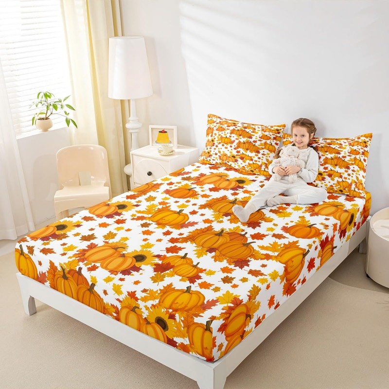 Fall Pumpkin Bed Sheets Queen Autumn Maple Leaves Bedding Set