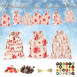 LYTIVAGEN 24 PCS Advent Calendar Cloth Bags DIY Advent Calendars Advent Digital Stickers Advent Calendar Bags Reusable Advent Bags with Drawstring Small Gift Burlap Bags for Christmas DIY Craft