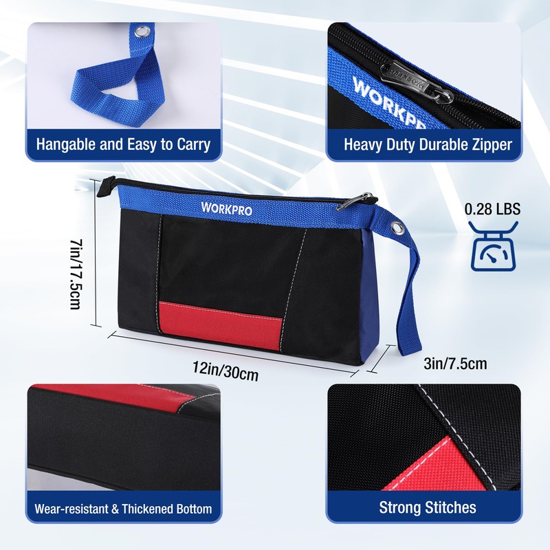 WORKPRO 12" Tool Pouches with Zipper, Heavy-Duty Small Tool Bag,