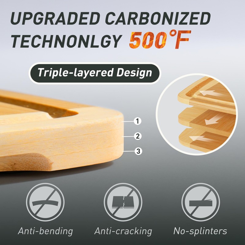 Bamboo Cutting Board Set Non Slip Feet with Holder Over