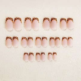 MERVF Square Press on Nails Medium Fake Nails Press ons Light Brown French Tip Glue on Nails with Leopard Design Squoval Tawny Fall Acrylic False Nails 24pcs Matte