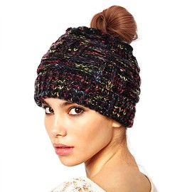 Taidor Messy Bun Ponytail Beanie Hat Colored Dots Cable Knit Cap for Women Girls Winter Black