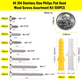 #4 Wood Screws Assortment Kit, Small Screws Set 500pcs, Short Cabinet Screw, Phillips Flat Head Self-Tapping Screw, Small Screw Fasteners, 304 Stainless Steel, Contains 50pcs M6 Screws Anchors