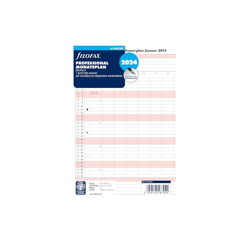 FILOFAX Calendar Insert A5 Professional Monthly Spl (German) 2024