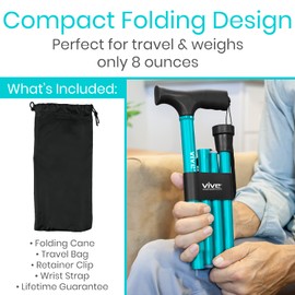 Folding Cane by Vive - Sturdy Lightweight Walking Stick for Men & Women - Collapsible Cane Design for Portability & Convenience - Sleek & Fashionable Look (Teal)