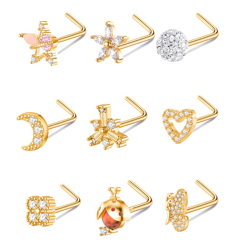 9pcs Nose Studs Set Golden Stainless Steel L Shape Shiny