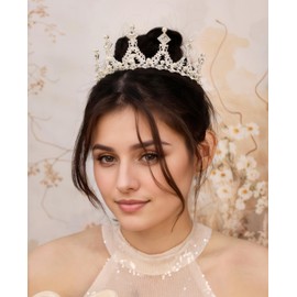 Yheahin Baroque Pearl Crystal Tiara for Women Elegant Bridal Wedding Pearl Rhinestone Crown Queen Princess Costume Crown Crystal Headpiece Accessory for Cosplay Birthday Party (Silver)