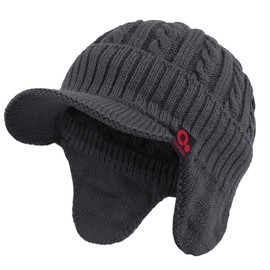 Janey&Rubbins Winter Outdoor Sports Visor Beanie with Earflaps Knit Ski Hat with Brim Fleece Lined Skull Cap (Grey)