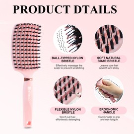 HEYMKGO Hair Brush Set for Women, Curved Vent Boar Bristle Detangling Brush & Round Brush for Wet & Dry Hair, Styling Tools for Blow Drying, Volumizing, Curling, Straightening, Removes Knots, Pink