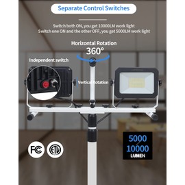 UFOND 10000 Lumen LED Work Light with Stand,Detachable Waterproof Dual Head Work Lights,Individual Switch Floodlight with TelescopingTripod,Work Lamp with Power Cord for Construction Site