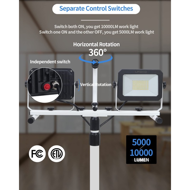UFOND 10000 Lumen LED Work Light with Stand,Detachable Waterproof Dual