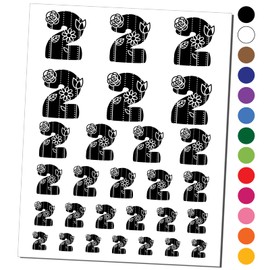 Sweet and Cute Flowers Rounded Block Number 2 Two Temporary Tattoo Water Resistant Fake Body Art Set Collection - Black (One Sheet)