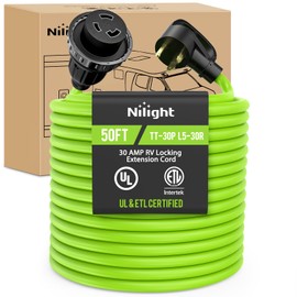 Nilight 50FT 30 Amp RV Locking Extension Cord 125V Heavy Duty 10/3 Gauge Pure Copper STW Wire UL ETL Listed 3 Prong TT-30P L5-30R Weatherproof Suit for Camper Caravan Trailer Bright Green