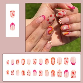 24 Pcs Press on Nails Short Almond -ZIFANHU Fake Nails Press ons French Tip Glossy Glue on Nails Full Cover Acrylic False Nails Strawberry Flowers Design Stick on Nails for Women