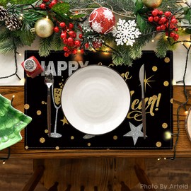 Artoid Mode Cheers Black and Gold 2025 Happy New Year Placemats Set of 4, 30 x 45cm Seasonal Winter Xmas Holiday Vintage Washable Table Mats