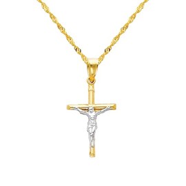 The World Jewelry Center 14k Real Two Tone Gold Jesus Cross Religious Pendant with 1.2mm Singapore Chain Necklace - 20"