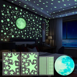Yosemy Fluorescent Wall Stickers, Moon and Stars, 563 Luminous and Decorative Stickers Ideal for Children's Rooms, Pack of 4 Sticker Sheets