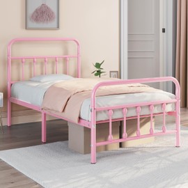 Topeakmart Twin Size Victorian Style Metal Bed Frame with Headboard/Mattress Foundation/No Box Spring Needed/Under Bed Storage/Strong Slat Support Pink