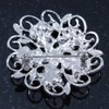 Clear Crystal Filigree Floral Brooch In Rhodium Plating - 43mm