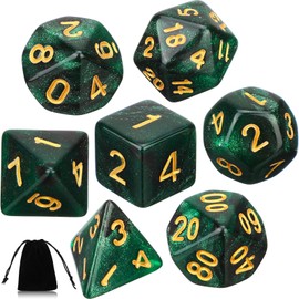 Aoriher 7-Piece Polyhedral Dice Set with Bag Compatible with Dungeons and Dragons Role Playing Game D4 D6 D8 D10 (00-90 and 0-9) D12 D20 for Table Game Pathfinder DND RPG (Green Black Mist)