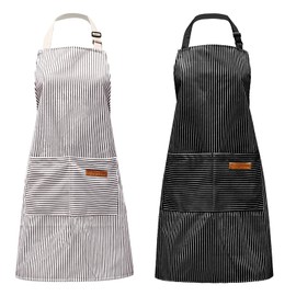 Pinsheng 2Pcs Striped Cotton Linen Apron, Adjustable Bib Apron with Pockets Men Women, Professional Chefs Apron for Cooking Baking Painting, Used in Kitchen Restaurant Garden(Black+ Grey)