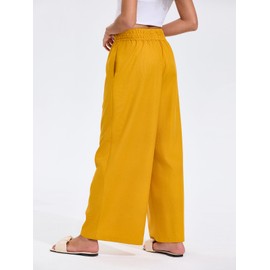Les umes Womens Linen Wide Leg Pants Elastic Waist Cotton Loose Casual Baggy Trousers with Pockets Yellow L
