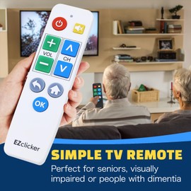 EZclicker Big Button Universal TV Remote for Seniors, Simple Easy to Use, Dementia Products for Elderly, Works with Major TV Brands, NOT for Streaming (2xAAA Batteries Not Included) (White)