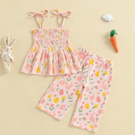 VISGOGO Easter Toddler Girl Outfit Sleeveless Smocked Strap Camisole Linen Pants Egg Easter Baby Girl Outfit Clothes (Pink, 4-5T)