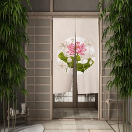 XMJJKUF Long Type Japanese Noren Doorway Curtain Chinese Ink Painting Lotus, Beige Printed Window Treatment Door Tapestry Polyester for Ukiyoe Room Privacy Divider Home Decors 33.5" Width x 70.9" Long