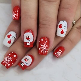 Christmas Press on Nails Short Square Red Fake Nails with Snowman Design White Snowflake False Nails Glossy Acrylic Nails Full Cover Glue on Nails Stick on Nails for Women and Girls