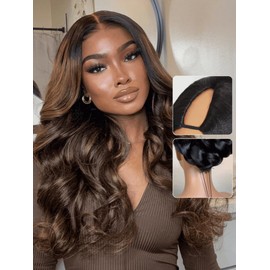 UNICE V Part Glueless Wig Balayage Brown Flip Out Bang Curl Yaki Wavy Upgrade U Part Human Hair Drawstring Wigs No Leave Out Beginner Friendly Wig 150% Density 18 Inch