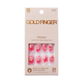 GoldFinger 24 Pcs Press On Nails,Medium Oval Fake Nails, Pink Flower Aura Gel Stick On Extensions, Reusable Full Cover False Nail Kit with Glue, Manicure Stick & File, 7 Day Long Lasting Wear
