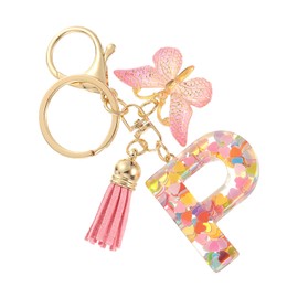SUIKIHUM Initial Letter Keychains, (10.5cm/4.13" Mini Letter Butterfly KeyChain) Resin Tassel Pendant Car Keychain for Wallet Handbags Backpack, Pink (P)
