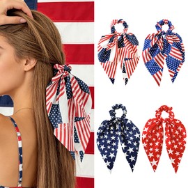 4Pcs 4th of July Patriotic Hair Ties Long Tail Bow Hair Scrunchies 2 in 1 Design Independence Day Hair Accessories Red White Blue Elastic Ponytail Holder for Fourth of July Memorial Day Decorations