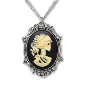 Real Metal Gothic Lolita Skull Cameo in Pewter Frame Pendant Necklace