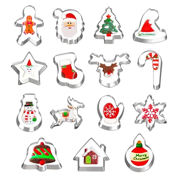 Hibery 15 Pcs Christmas Cookie Cutters, Holiday Cookie Cutters Including Snowman, Gingerbread, Christmas Tree, Snowflake Gingerbread Cookie Cutters Christmas Shapes and More