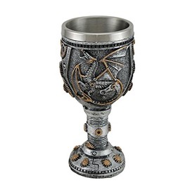 Silvered Steampunk Dragon and Gears Goblet w/Stainless Steel Liner