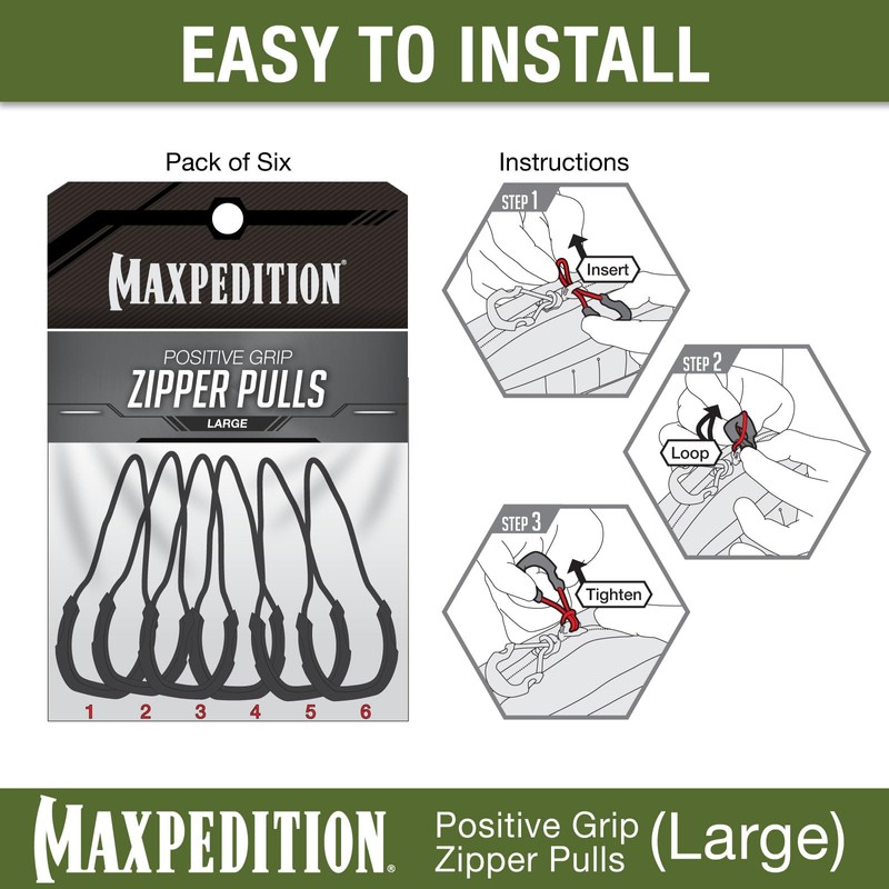 MAXPEDITION Positive Grip Zipper Pulls (Large, Gray) Pack of 6,