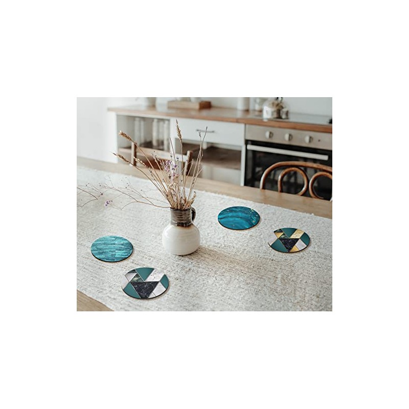 4 x Round Art Deco Coasters - Teal Blue Agate