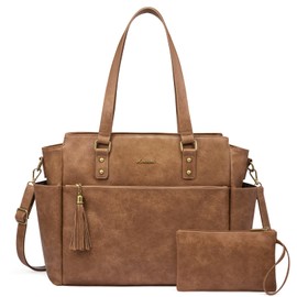 LOVEVOOK Laptop Tote Bag for Women 15.6 Inch Vintage Leather Work Laptop Bag with Large Water Bottle Pockets, Waterproof Computer Briefcase Teacher Bag for Casual Office Travel