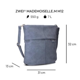 Zwei Mademoiselle.M M12 Women's Shoulder Bag, 7 Litre Crossbody Bag, Shoulder Bag in DIN A4 Size, Key Ring, Secret Compartment, Includes Extra Short, Removable Shoulder Strap, Nubuk-sky
