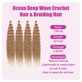 BAESITTE Deep Wave Bulk Hair For Braiding 4 Packs 32inch Soft Deep Wavy Crochet Hair Synthetic Hair Long Deep Culry Hair Bulk for Micro Braids Wet and Wavy Hair Extensions T30/60 Color 400g